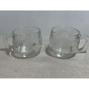 Nestle' Etched Glass World Globe/Map Coffee Mugs Cups Vintage‎ 1970 Set Of 2